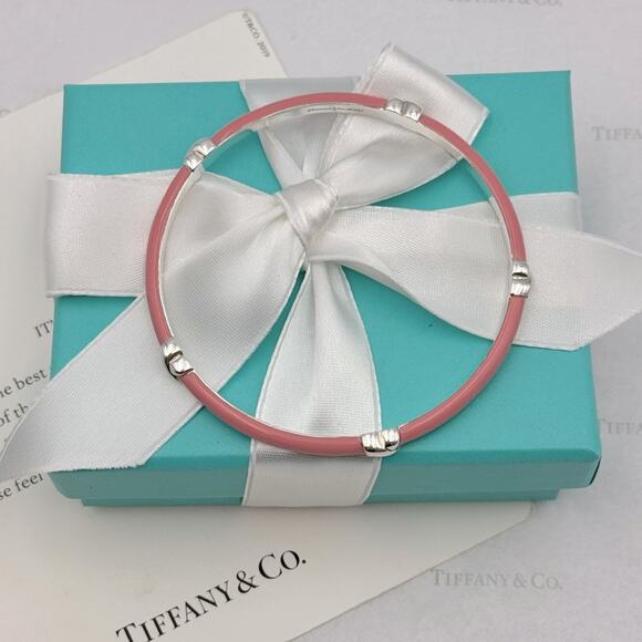 Tiffany & Co. Pink Enamel Signature X Bangle Bracelet Sterling Silver Gift Box - Picture 10 of 13